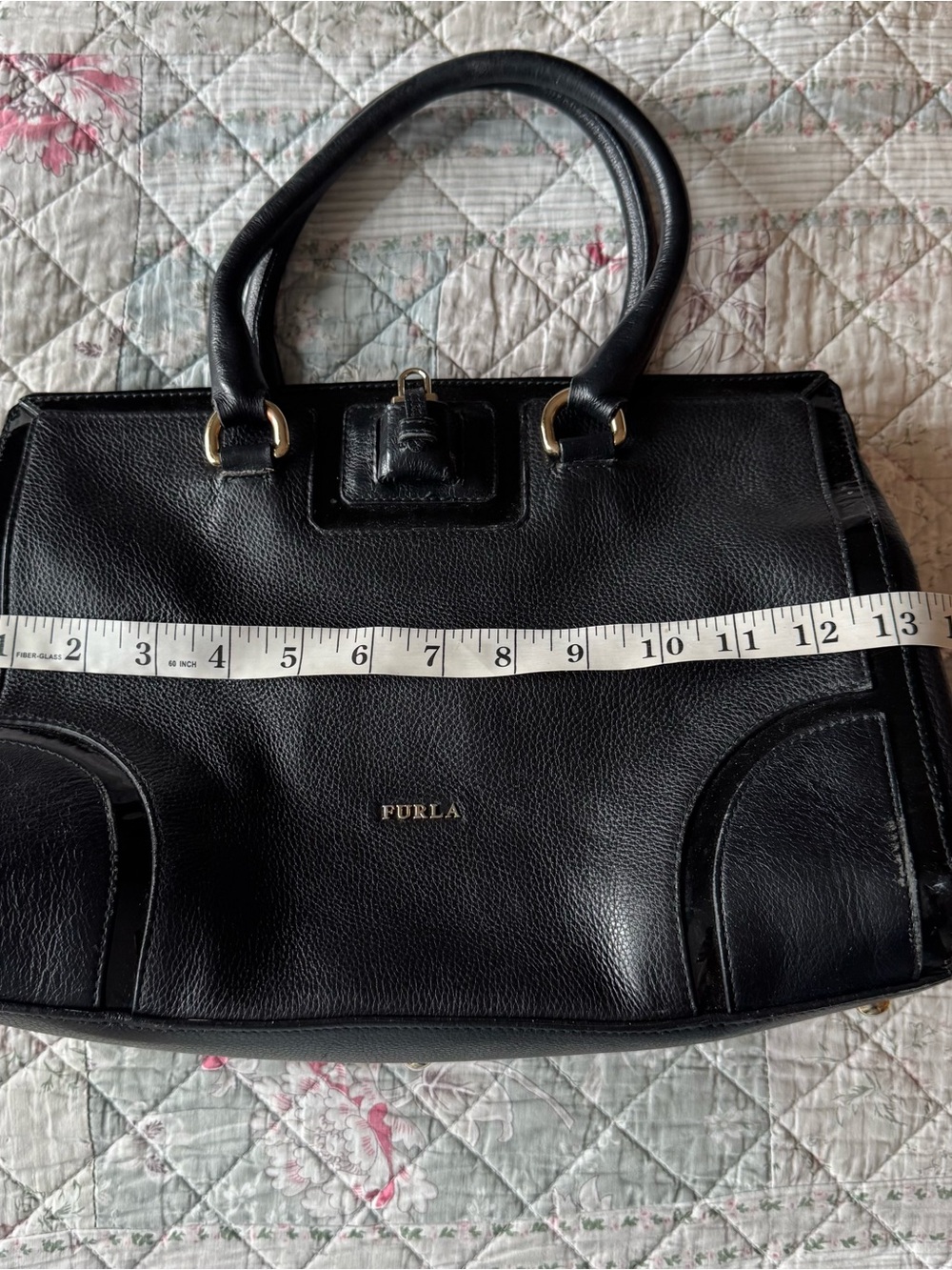 Furla Black Leather Tote Bag Gold Hardware Structured Satchel Purse - Picture 9 of 15
